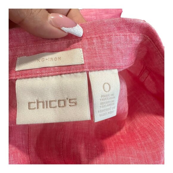 Chicos Womens Red 100% Linen No Iron Button Up Tunic Top Size 0 US S 3/4 Sleeve - Picture 3 of 15